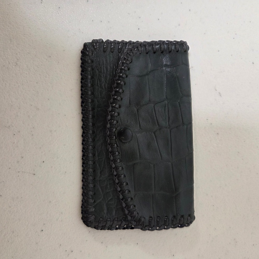 Vintage Black Alligator Embossed Leather Whipstitch Coin Purse Snap Wallet